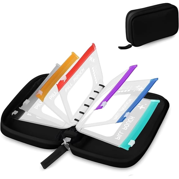 Waterproof Pill Pouch Set，Includes 14 Storage Pouches, Moisture-resistant Zippers, Metal Clasps, and Mesh Pockets.