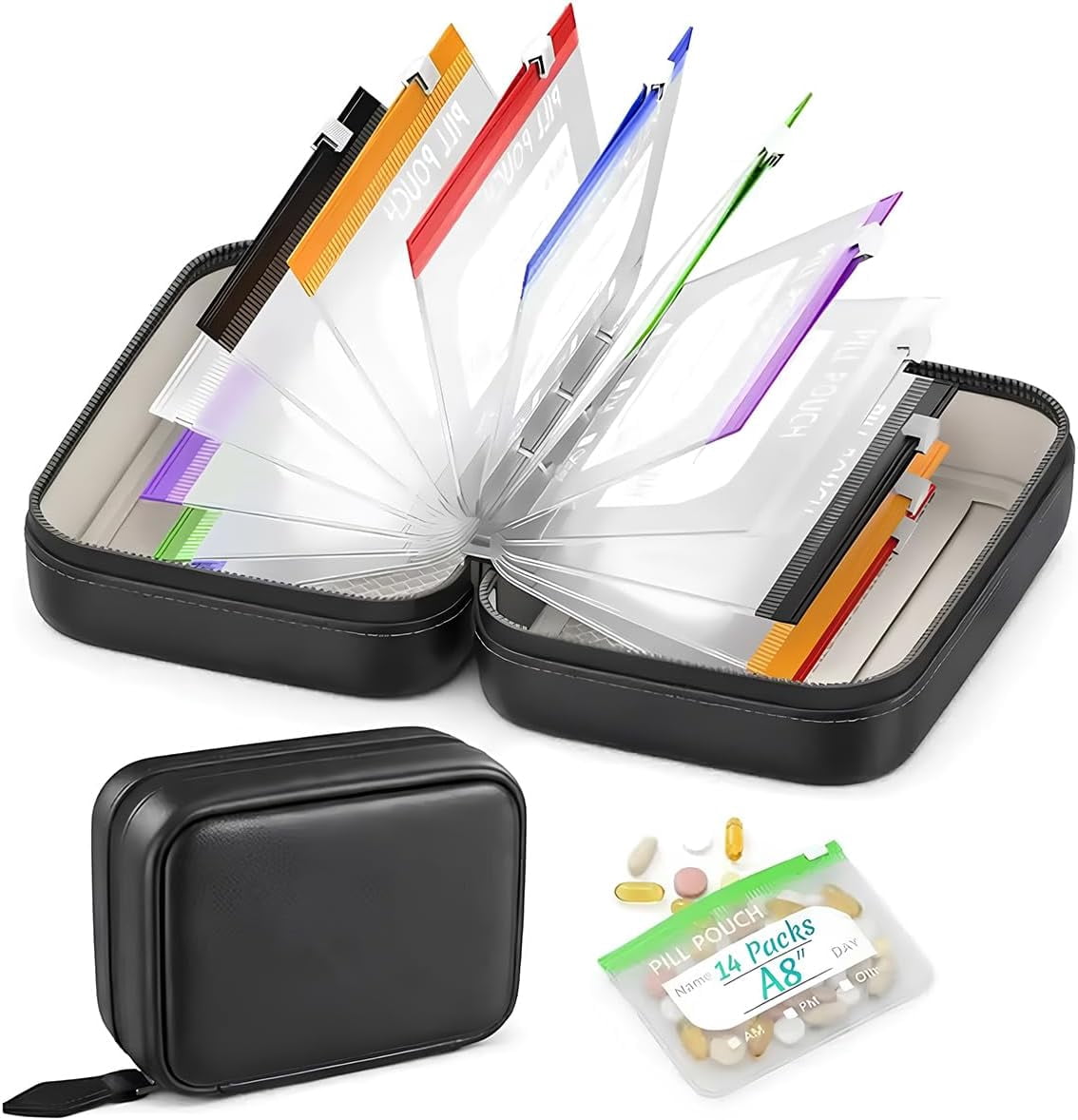Waterproof Pill Pouch Set, Reusable A8 Waterproof Pill Pouch with 14 Color-Coded Bags Portable Travel Pill Organizer Pouches Large Weekly Pill Organizer for Travel Purse Daily Use (Black)