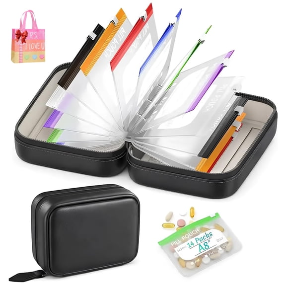 Waterproof Pill Pouch Set, Reusable A8 Waterproof Pill Pouch with 14 Color-Coded Bags Portable Travel Pill Organizer Pouches Large Weekly Pill Organizer for Travel Purse Daily Use (Green)