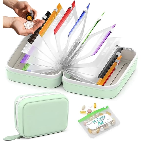 Waterproof Pill Pouch Set, Reusable A8 Waterproof Pill Pouch with 14 Color-Coded Bags Portable Travel Pill Organizer Pouches Large Weekly Pill Organizer for Travel Purse Daily Use (Green)
