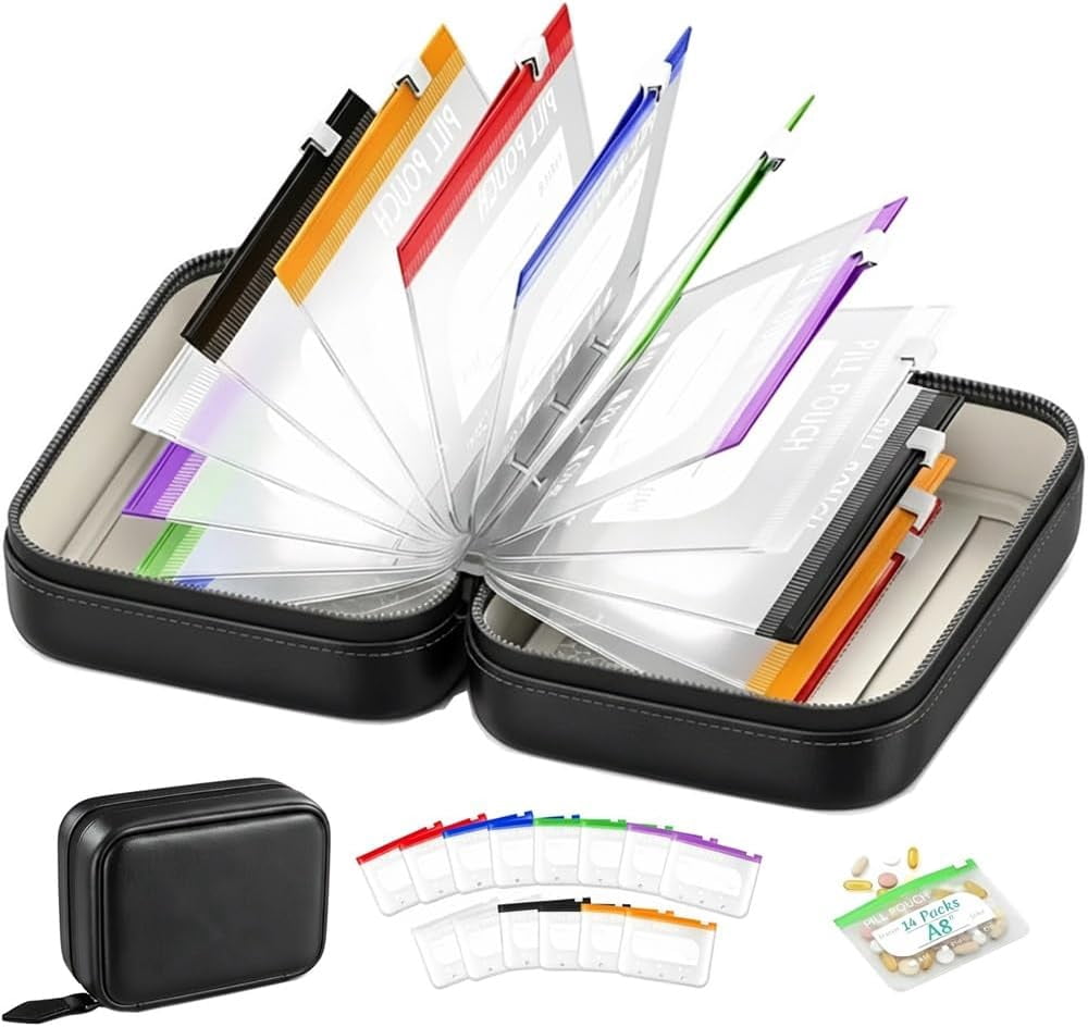 Waterproof Pill Pouch Set Travel Pill Organizer Pouches Medicine Kit Bags Pills 14 Day Medication Metal Reusable Large Case Portable Organizers Size Small Container with Labels Binder(1*Black)