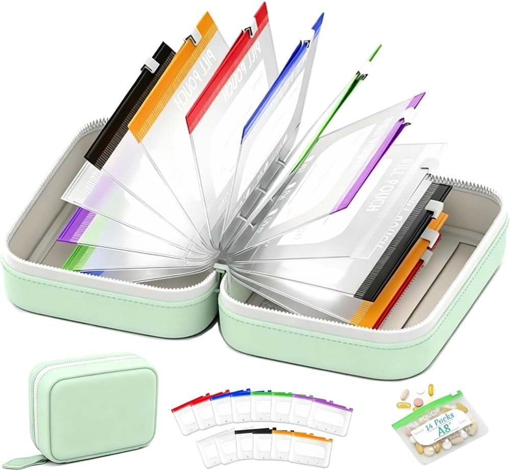 Waterproof Pill Pouch Set Travel Pill Organizer Pouches Medicine Kit Bags Pills 14 Day Medication Metal Reusable Large Case Portable Organizers Size Small Container with Labels Binder(1*Green)