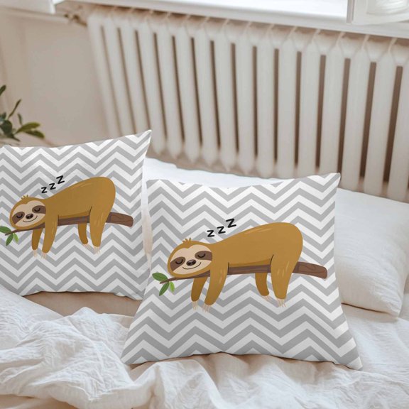 Waterproof Pillow Covers Pack of 2, Cartoon Sloth Tree Branch Outdoor Pillowcases Cushion Cases, Gray Chevron Stripe Animal Decorative Throw Pillow Cover for Couch Sofa Bed 18x18in