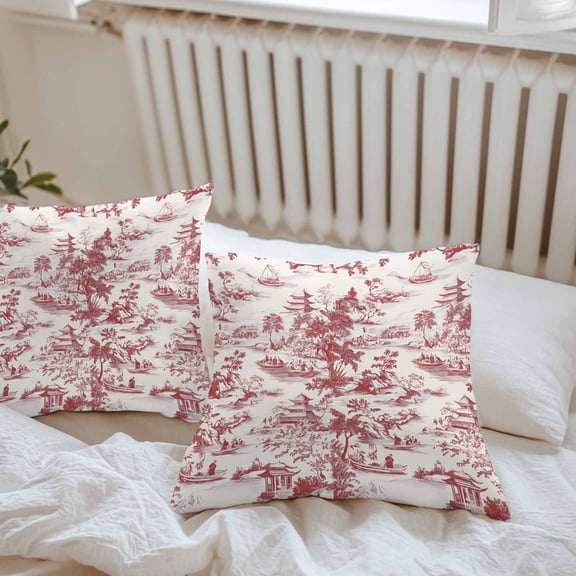 Waterproof Pillow Covers Pack of 2, Chinoiserie Garden Asian Scenic Outdoor Pillowcases Cushion Cases, Pavilion Hill Boat Tree Red Decorative Throw Pillow Cover for Couch Sofa Bed 16x16in