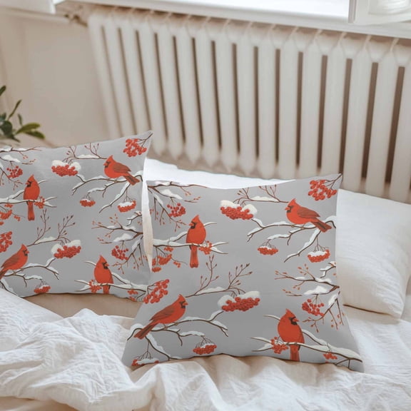 Waterproof Pillow Covers Pack of 2, Christmas Cardinal Winter Snowflake Outdoor Pillowcases Cushion Cases, Country Berry on Gray Decorative Throw Pillow Cover for Couch Sofa Bed 18x18in