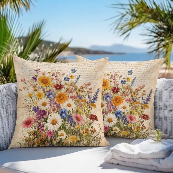 Waterproof Pillow Covers Pack of 2, Daisy Summer Blossom Wildflower Outdoor Pillowcases Cushion Cases, Vintage Old Newspaper Decorative Throw Pillow Cover for Couch Sofa Bed 18x18in