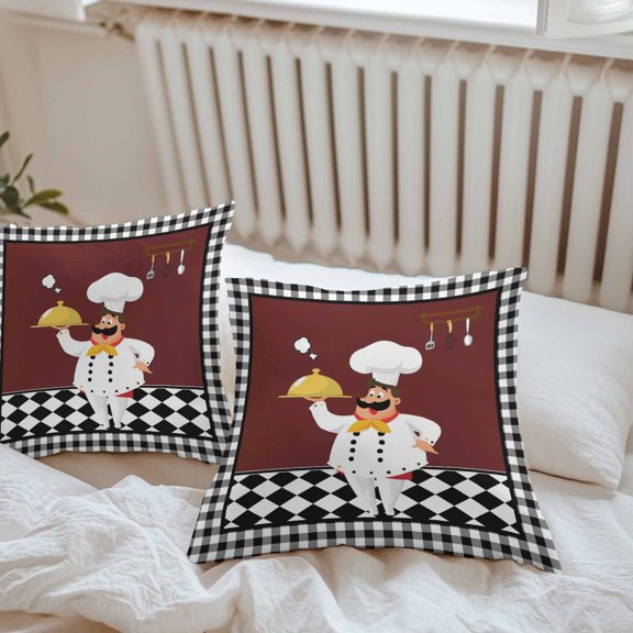 Waterproof Pillow Covers Pack of 2, Funny Chef Food Cutlery Outdoor Pillowcases Cushion Cases, Black White Plaid Dark Maroon Decorative Throw Pillow Cover for Couch Sofa Bed 18x18in