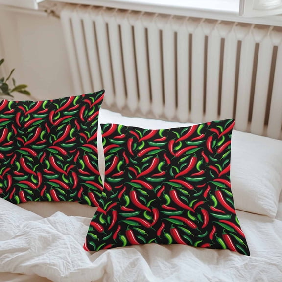 Waterproof Pillow Covers Pack of 2, Spicy Chili Pepper Pattern Outdoor Pillowcases Cushion Cases, Red Green Peppers on Black Decorative Throw Pillow Cover for Couch Sofa Bed 18x18in
