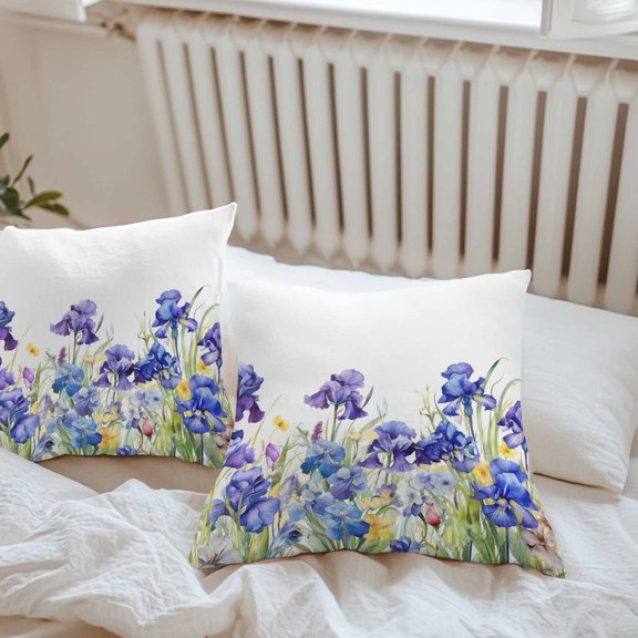 Waterproof Pillow Covers Pack of 2, Watercolor Garden Spring Flower Iris Outdoor Pillowcases Cushion Cases, Blossom Floral on White Decorative Throw Pillow Cover for Couch Sofa Bed 18x18in