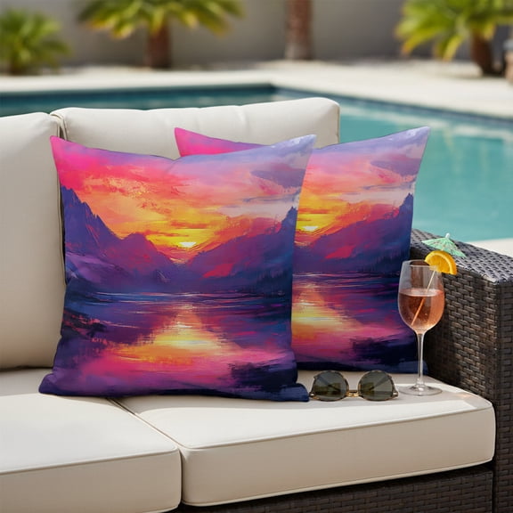 Waterproof Pillow Covers Set of 2,Lake Reflection Landscape Outdoor Pillow Protectors with Zipper Pillowcases for Patio Tent Garden Beach 18x18 Inches Mountain Peaks Sunset
