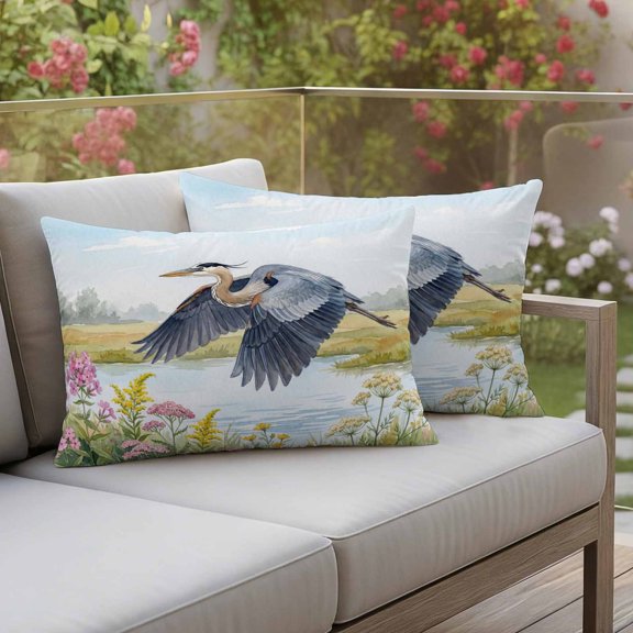 Waterproof Pillow Covers Set of 2,Natural Flying Heron Flower Lake Outdoor Pillow Protectors with Zipper Pillowcases for Patio Tent Garden Beach 20x12 Inches Watercolor Wetland Scene