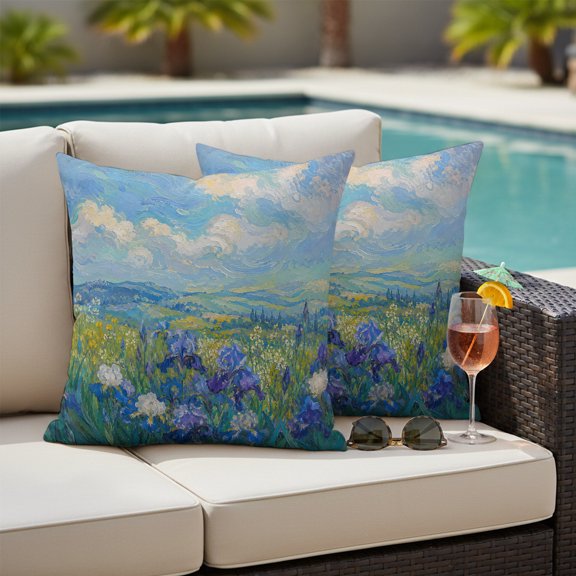 Waterproof Pillow Covers Set of 2,Rustic Floral Blossom Irises Outdoor Pillow Protectors with Zipper Pillowcases for Patio Tent Garden Beach 18x18 Inches Country Field Oil Painting Art