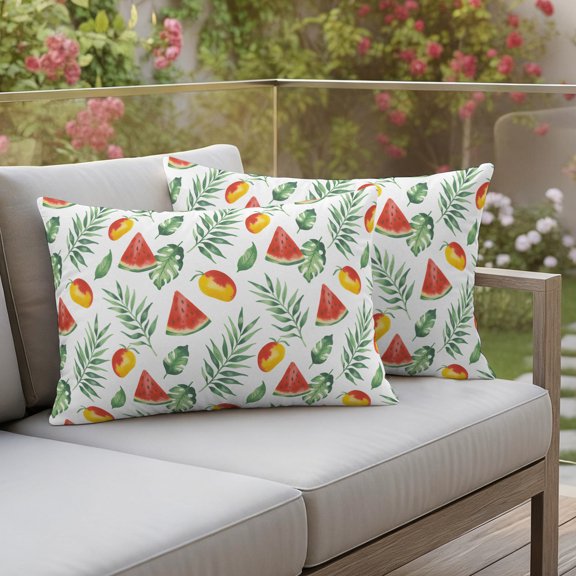 Waterproof Pillow Covers Set of 2,Summer Watermelon Mango Outdoor Pillow Protectors with Zipper Pillowcases for Patio Tent Garden Beach 20x12 Inches Tropical Plants Green Leaves