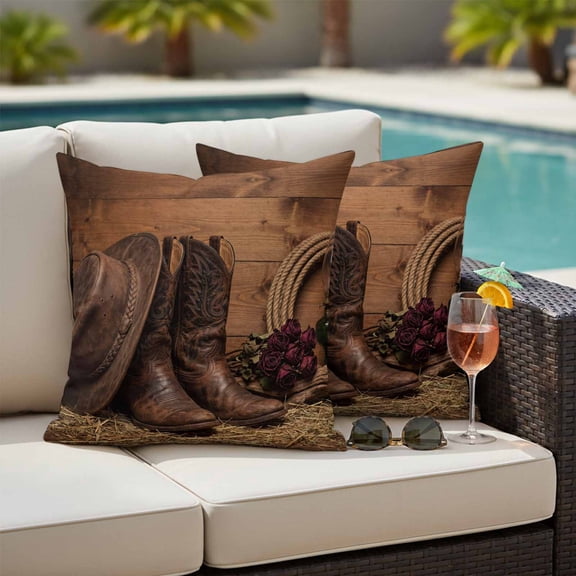 Waterproof Pillow Covers Set of 2,Vintage Western Cowboy Boots Hat Outdoor Pillow Protectors with Zipper Pillowcases for Patio Tent Garden Beach 18x18 Inches Rose Flower Farm Wood Grain