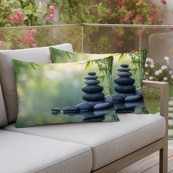 Waterproof Pillow Covers Set of 2,Zen Meditation Stone Lake Outdoor Pillow Protectors with Zipper Pillowcases for Patio Tent Garden Beach 20x12 Inches Nature Landscape Still Life
