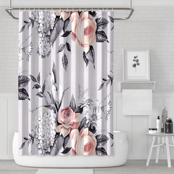 Waterproof Pink White Peony Flower Blossom Shower Curtain 72x72 Inch Boho Style Polyester Unique Shower Curtain for Bathroom Hotel Home Decor with 12 Plastic Hooks