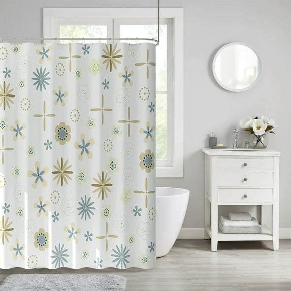 Waterproof Plastic Shower Curtain with Hooks Fish Floral Pattern Bathroom Decor Easy Clean Liner for Dorm Hotel Home Use(White)