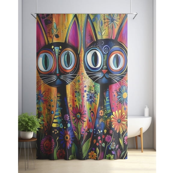 Waterproof Polyester Charming Floral and Cat Pattern Shower Curtain with Hooks - Perfect for All Seasons