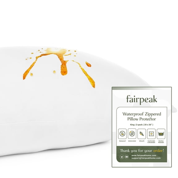 Fairpeak Waterproof Pillow Protectors with Durable Zipper, 2 Pack, King Size, Luxury Hotel Collection, Soft Quiet Breathable Pillowcase, 20x36