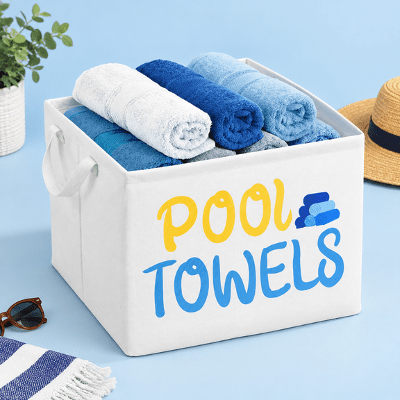 Waterproof Pool Towel Storage Basket with Handle, Blue-and-White
