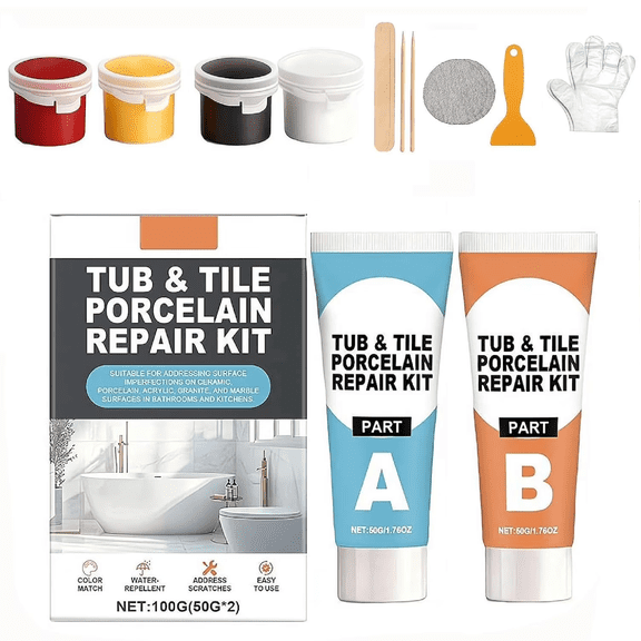 Waterproof Porcelain Repair Kit Strong Fiberglass Tub & Tile Repair, Works on Ceramics, Resin, Granite, Marble, Quartz (RL 1 Set)