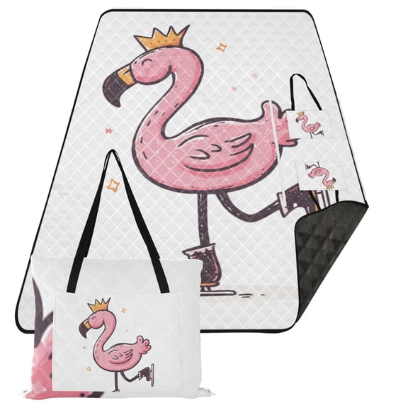 Waterproof Portable Outdoor Blanket For Camping Travel Beach Picnic Mat Folding Flamingo Wearing Ice Skates & Crown