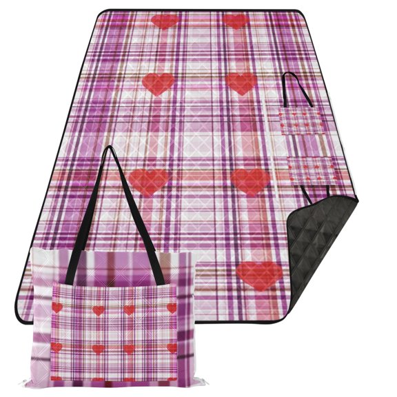 Waterproof Portable Outdoor Blanket For Camping Travel Beach Picnic Mat Folding Valentine's Day Plaid Pattern with Hearts
