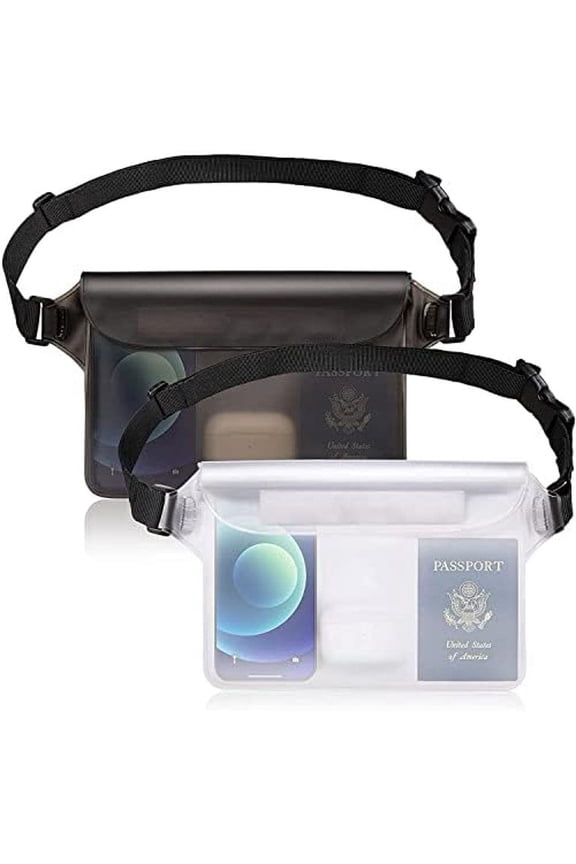 Waterproof Pouch with Waist Strap Beach Accessories Best Way to Keep Your Phone and Valuables Safe and Dry Perfect for Boating Swimming Snorkeling Kayaking Beach Pool Water Park 2Pack Black+White