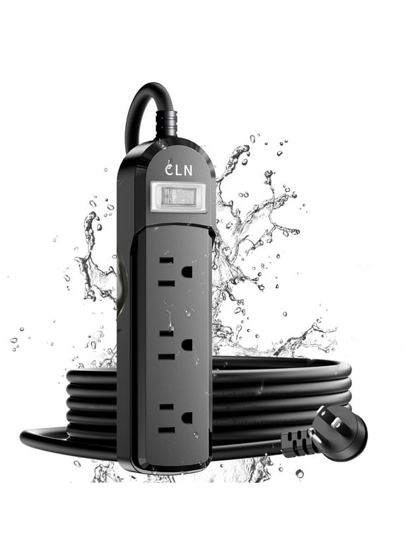 Waterproof Power Strip, CLN Black Outdoor Power Strip IPX6 Weatherproof Surge Protector with 3 Wide Supply Hubs and Swivel Extension Cord, Mountable for Home, Office, Patio, Porch, 6.6F