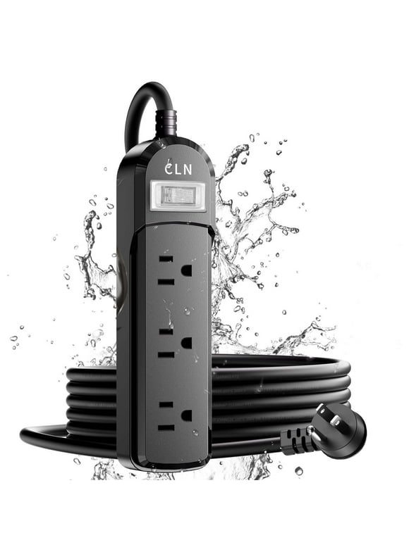 Waterproof Power Strip, CLN Black Outdoor Power Strip IPX6 Weatherproof Surge Protector with 3 Wide Supply Hubs and Swivel Extension Cord, Mountable for Home, Office, Patio, Porch, 10.2 FT
