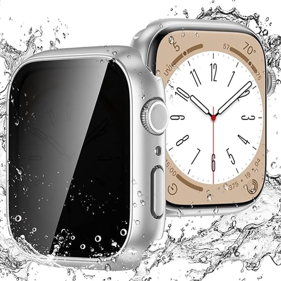 Waterproof Privacy Case for Apple Watch Series SE 2024 SE 2nd SE 6 5 4 44mm, Hard PC Bumper Tempered Glass Screen Protector for iWatch Cover Accessories, 44mm Sliver