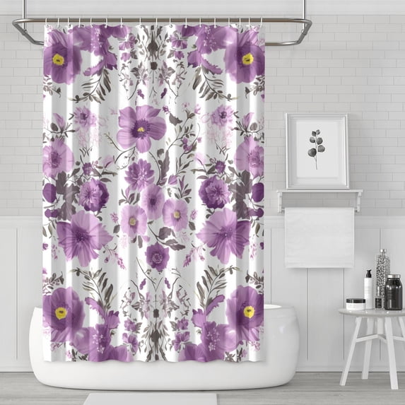 Waterproof Purple Floral Wildflower Farmhouse Shower Curtain 72x72 Inch Boho Style Polyester Unique Shower Curtain for Bathroom Hotel Home Decor with 12 Plastic Hooks