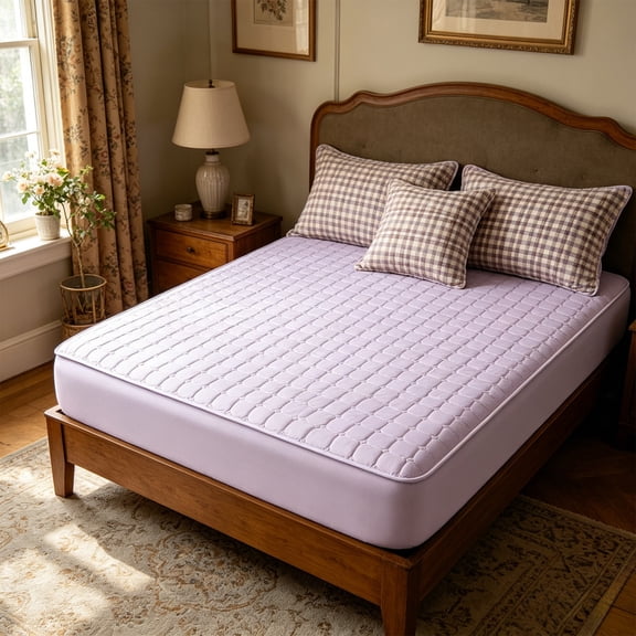 Waterproof Quilted Ice Silk Mattress Cover Breathable Cooling Summer Bed Protector For Bedroom Guest Room(Purple）