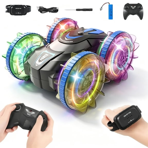 Waterproof RC Stunt Car, Four Wheel Drive Action Vehicle, Gesture Control Rotating Model, LED Light Adventure Racing Toy, Remote Control Water Land Car