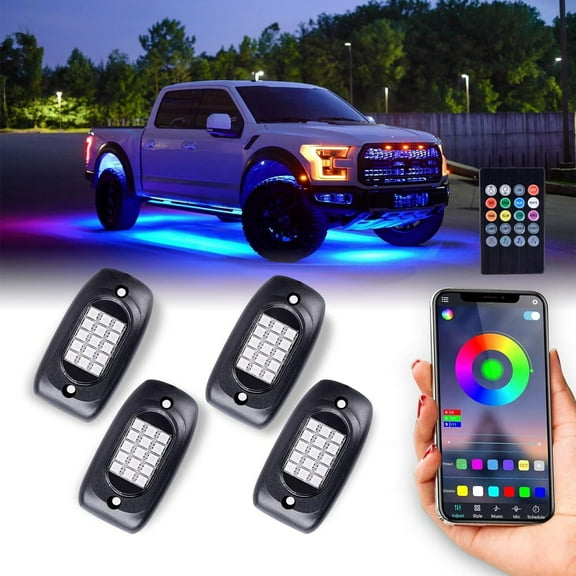 Waterproof RGB LED Rock Lights, 4Pcs Neon Underglow Lighting Kit with APP & Wireless Remote Control, Auto Wheel Exterior Underglow Lights,Under Car Lights for SUV,Truck,AUTO Motorcycle