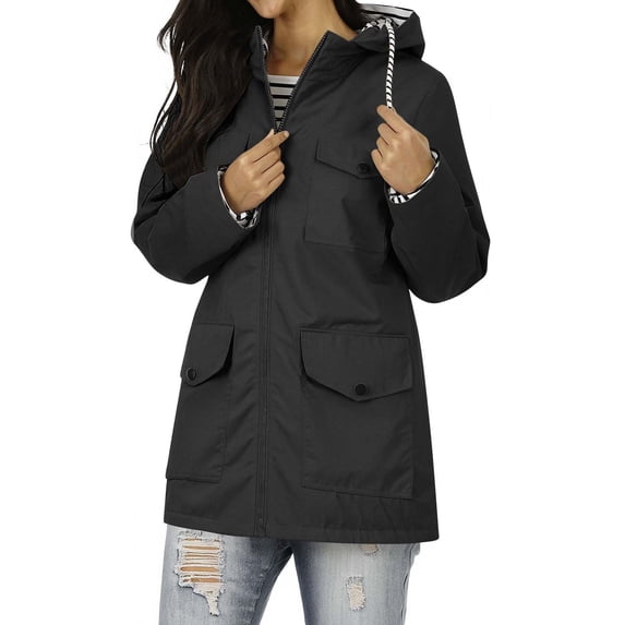 Waterproof Rain Coats for Womens Striped Lined Raincoats Casual Hiking Travel Hooded Jackets with Pockets Black, 2XL