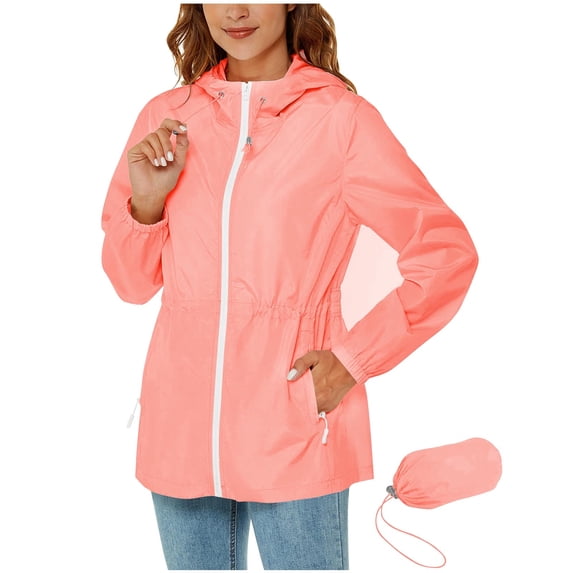 Waterproof Rain Jacket Hooded Packable Lightweight Windbreaker Long Raincoat Sports Jacket Blouse with Pockets