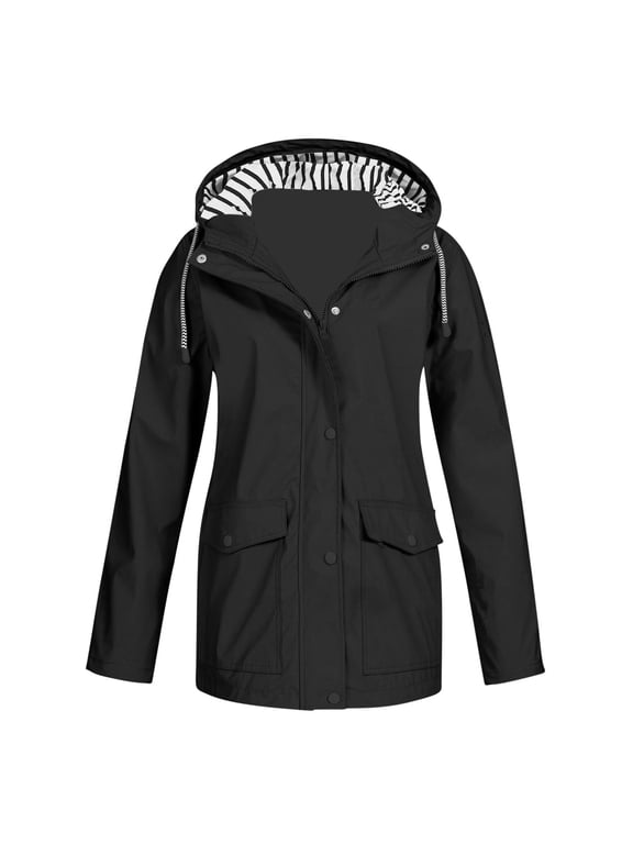 Waterproof Rain Jacket Women Fall Winter Plus Size Jackets Outdoor Sports Hooded Raincoat Solid Zip Up Windbreaker Parka with Pockets Black 4XL