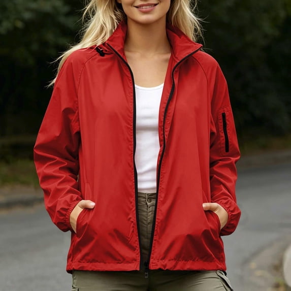 Waterproof Rain Jacket Women No Hood Zip Up Windbreaker Outdoor Coat Hiking Travel Lightweight Jacket, S