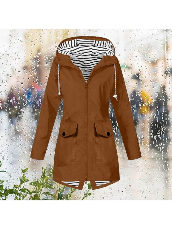 Waterproof Rain Jacket for Women Mid Length Waist Cut Zebra Striped Lining Coat Windproof Women's Hooded Rainwear Outdoor Sport Causal Outfit