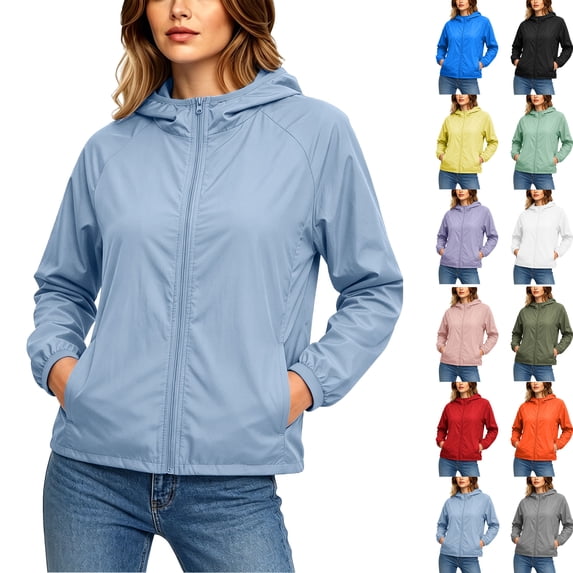Waterproof Rain Jackets for Women Plus Size Summer Hoode Solid Color Zipper Sunscreen Jacket