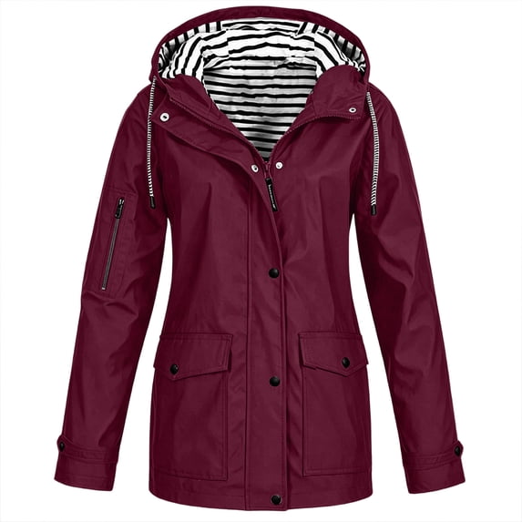 Waterproof Raincoat Jackets for Women Zipper Lightweight Solid Rain Jacket Outdoor Plus Size Hooded Raincoat Windproof with Pockets