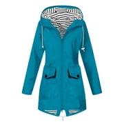 Waterproof Raincoat for Women Outdoors Polyester Lined Rain Hooded Jackets Pockets Plus Size Lightweight Rain Coats (3X-Large, Sky Blue B)