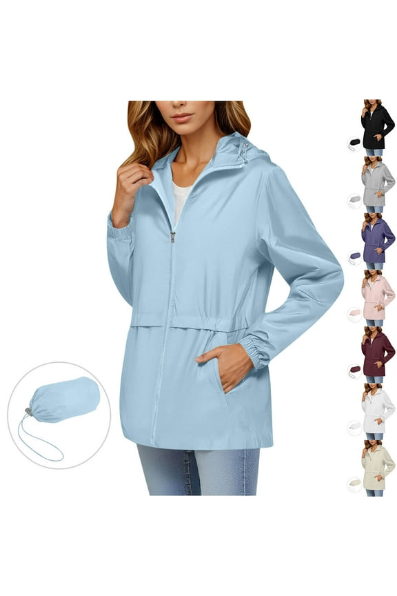 Waterproof Rainproof Jacket for Women Long Sleeve Hooded Raincoat with Pockets Windproof Zipper Jacket Outerwear for Hiking Travel | CSEONE,Gray L