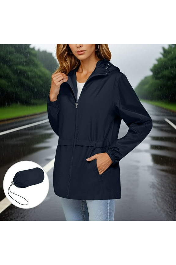 Waterproof Rainproof Jacket for Women Long Sleeve Hooded Zipper Jacket Raincoat with Pockets Windproof Outdoor Hiking Travel | CSEONE,Navy XL