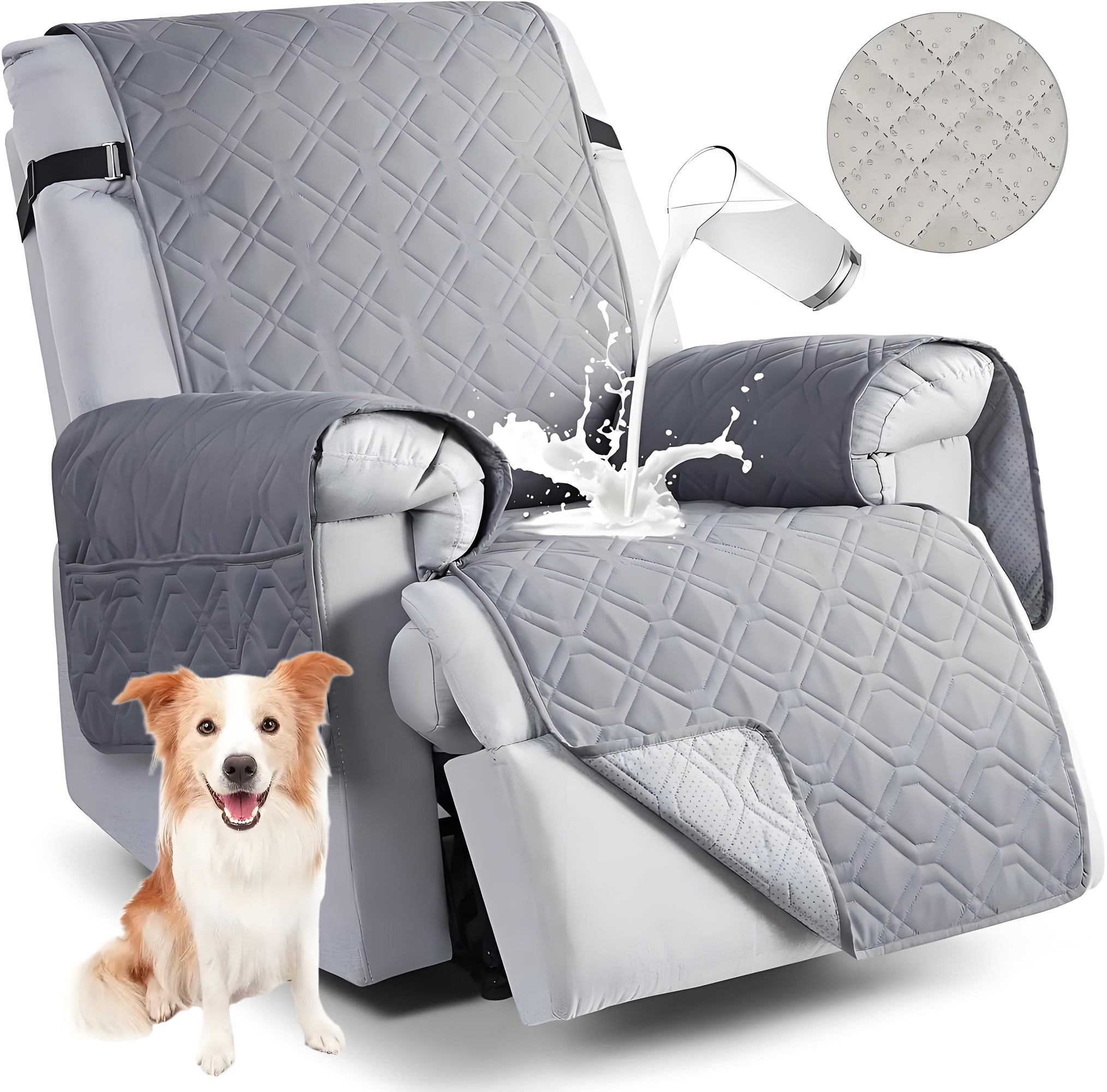 Waterproof Recliner Chair Covers, Anti-Slip Chair Cover with Side Packets, 5 Layers Washable Recliner Cover Reclining Couch Slipcovers, Dog Pet Furniture Protector for Small Recliners (Gray,23")