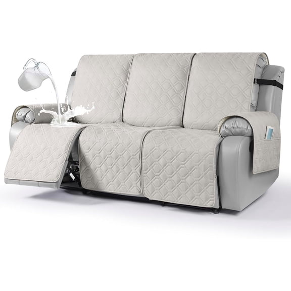 Waterproof Recliner Couch Covers, Sofa Covers 1-Piece Washable Reclining Sofa Cover Non-Slip Furniture Protector with Elastic Straps Pocket for Dogs, Pets(Off White,3 Seater)