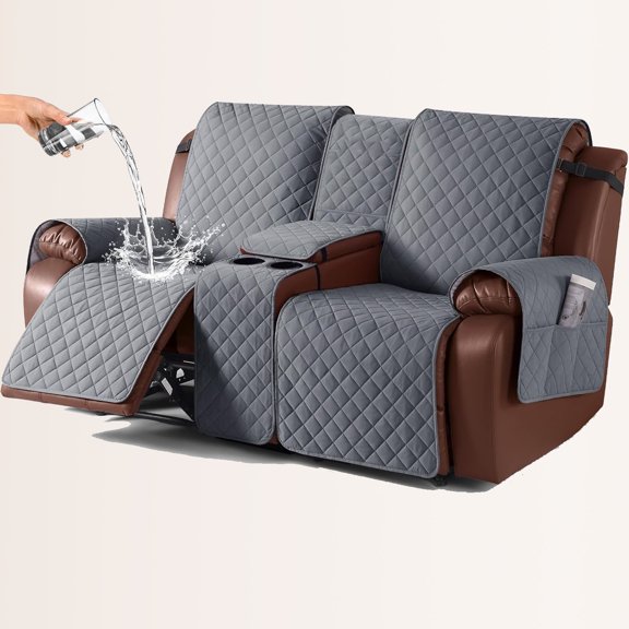 Waterproof Recliner Loveseat Cover with Console, Non-Slip Reclining Couch Covers, Sofa Cover Furniture Protector with Elastic Straps, Dark Gray