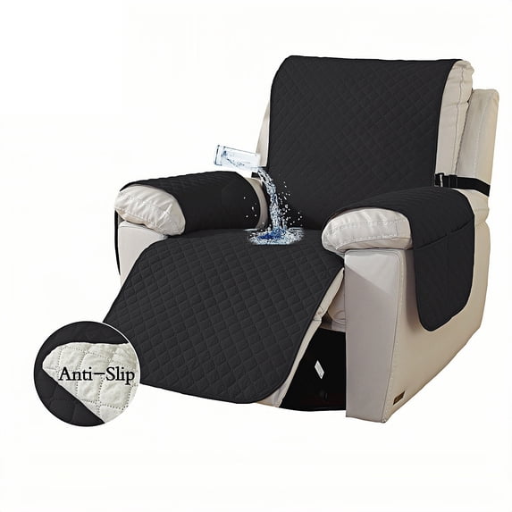 Waterproof Recliner Slipcover, Non-Slip Furniture Protector with Storage Pocket, Machine Washable Stretch Chair Cover with Adjustable Straps for Pets, Dogs, Cat (Black, 23.6")