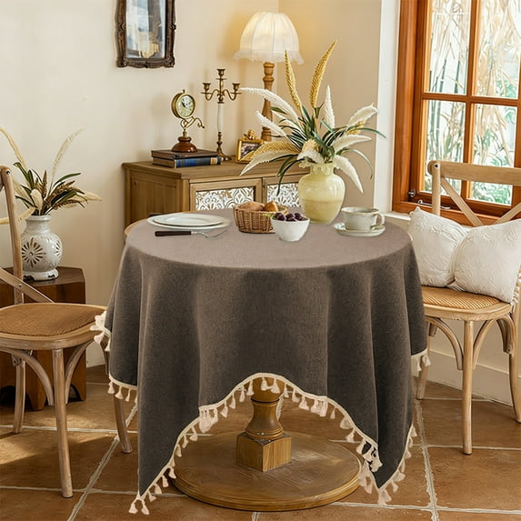 Waterproof Rectangular Tablecloth Cotton Linen | Embroidered Tassels | Khaki Brown Green Navy | 90x90cm Soft Durable Spill Resistant | Dining & Coffee Table Decor